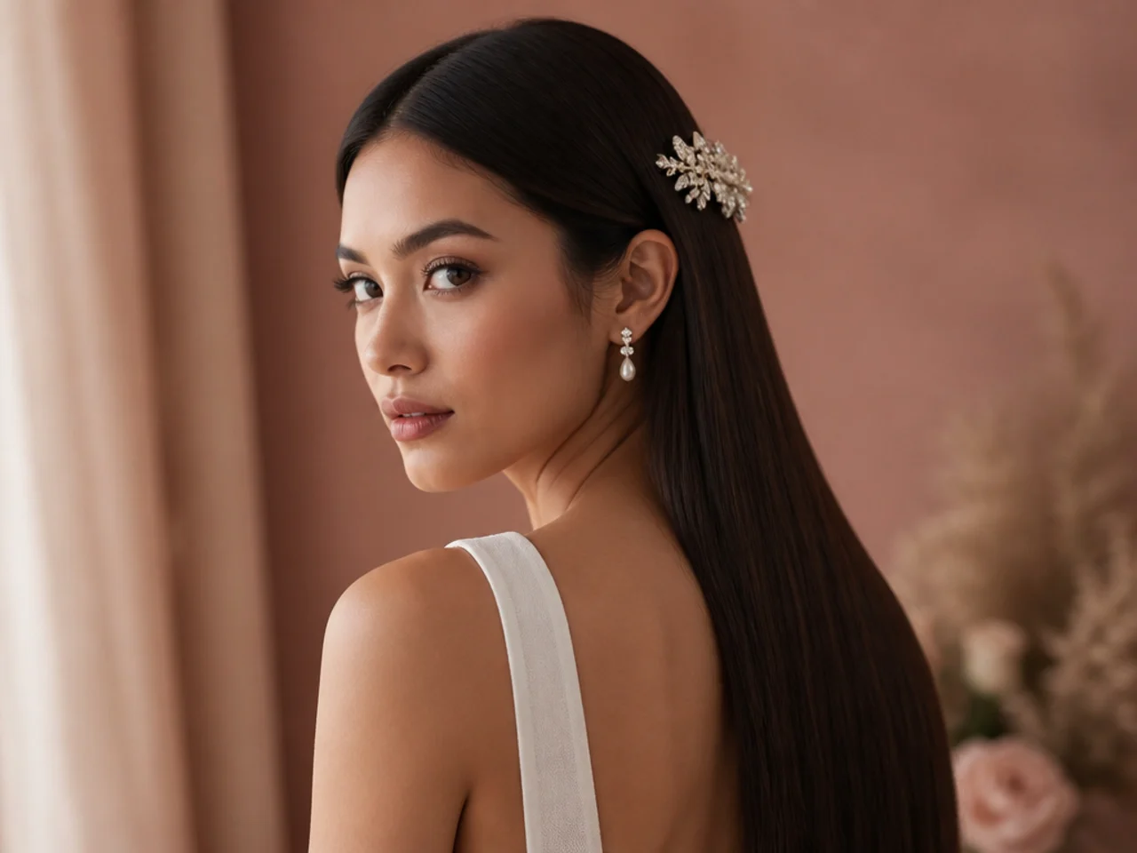 Straight hair with a jewelled comb