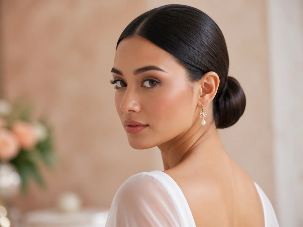 A sleek low bun for a wedding