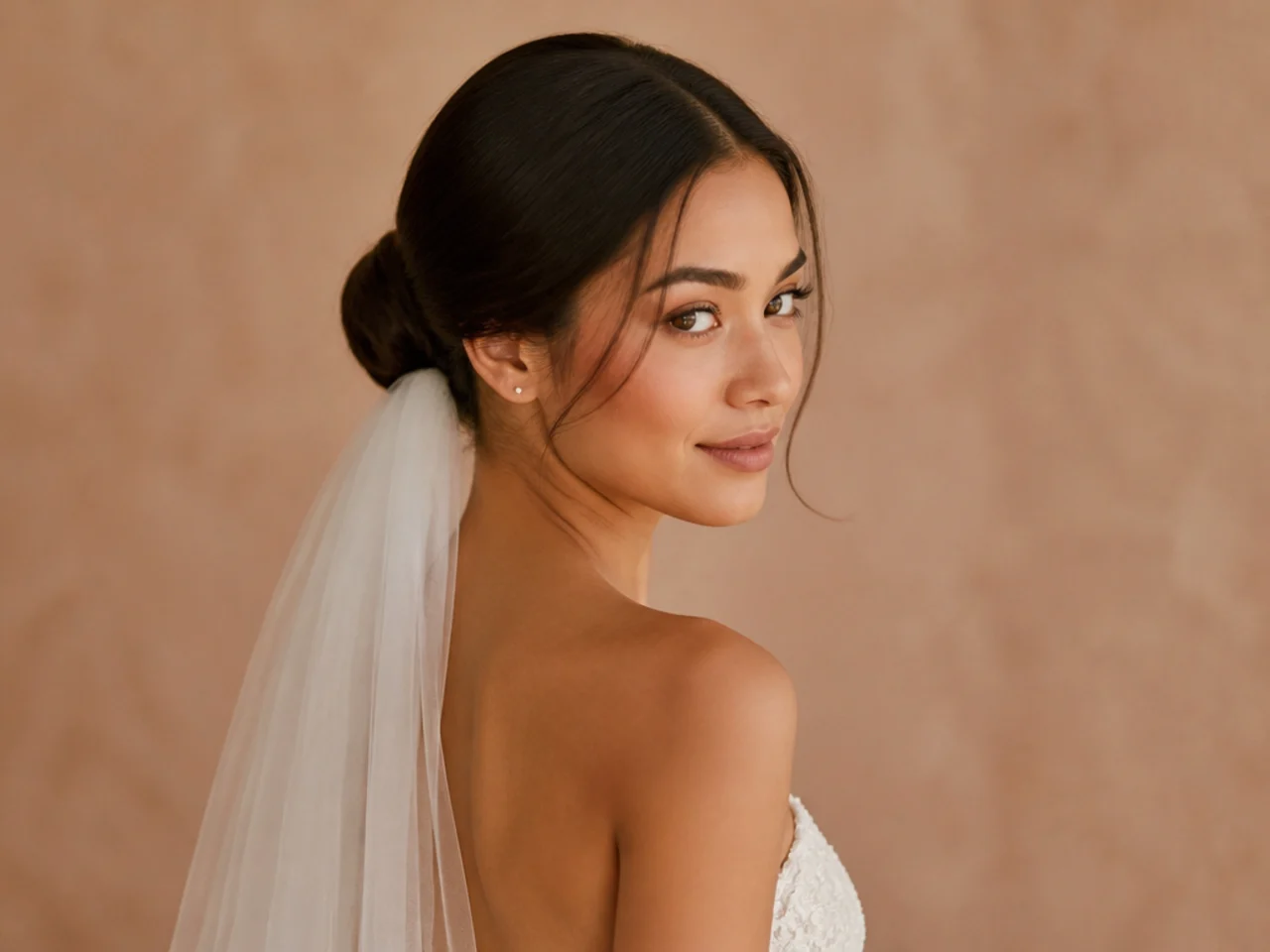 A low bun with a veil beneath