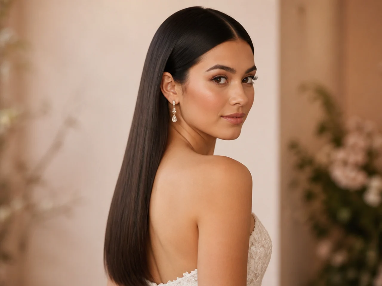 Sleek straight hair worn down for a wedding