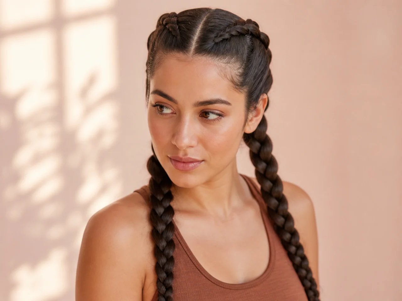 Two Dutch braids on straight hair