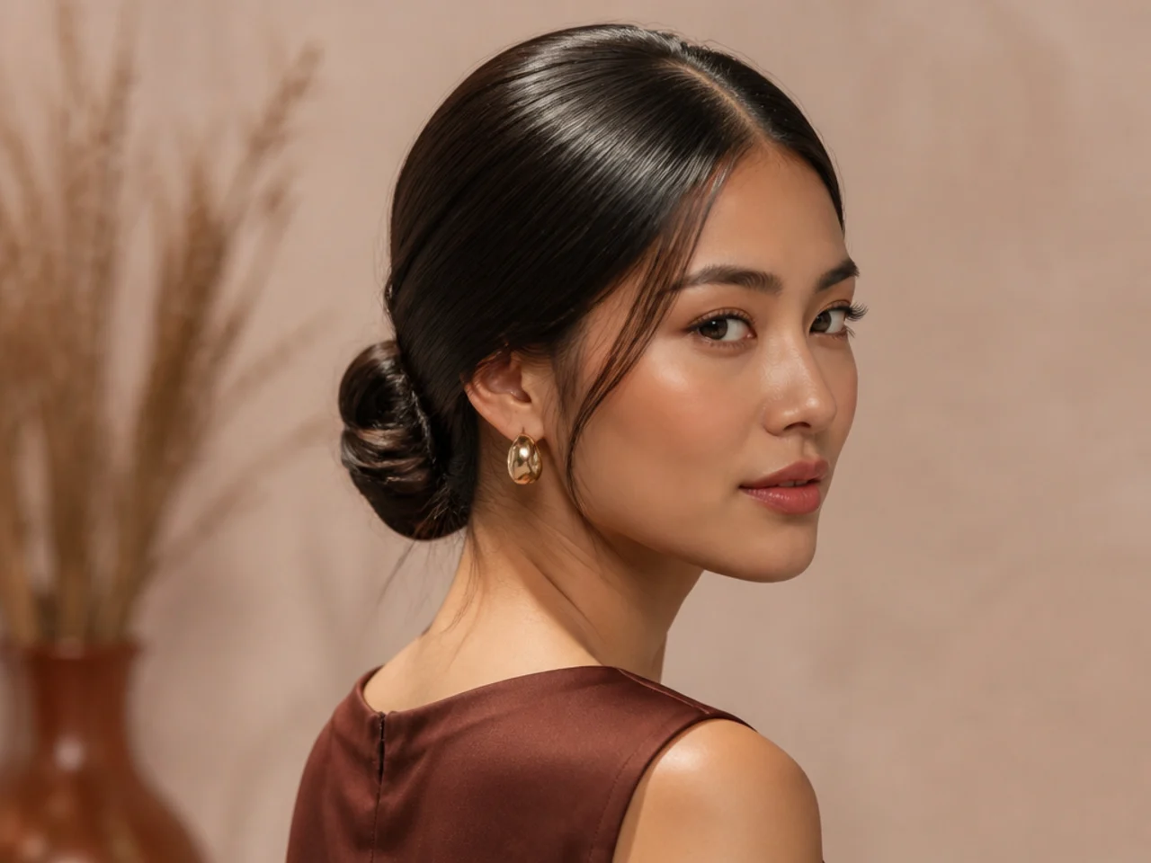 A low chignon on straight hair