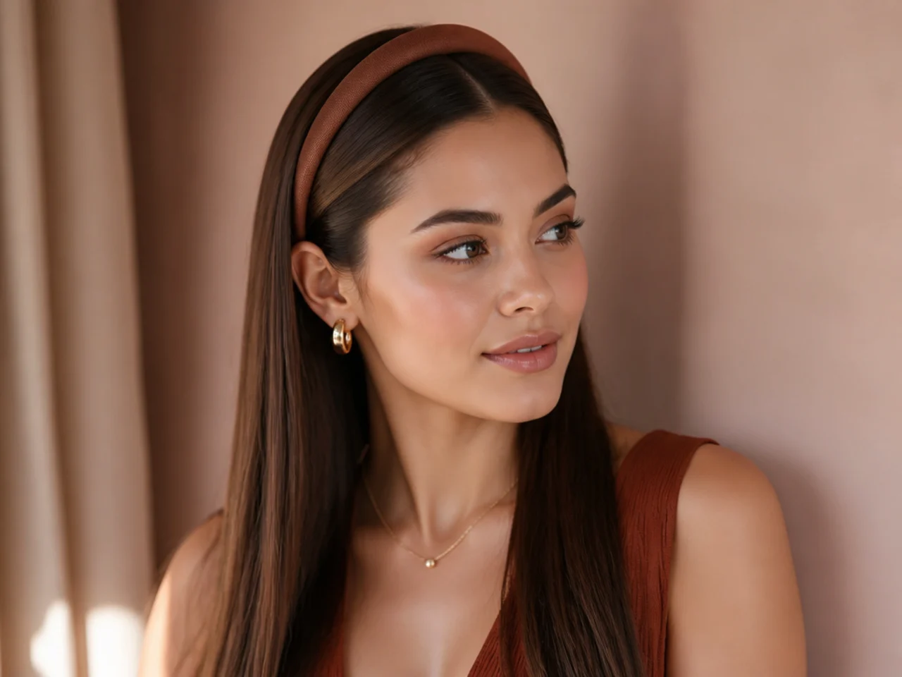 Straight hair worn with a headband