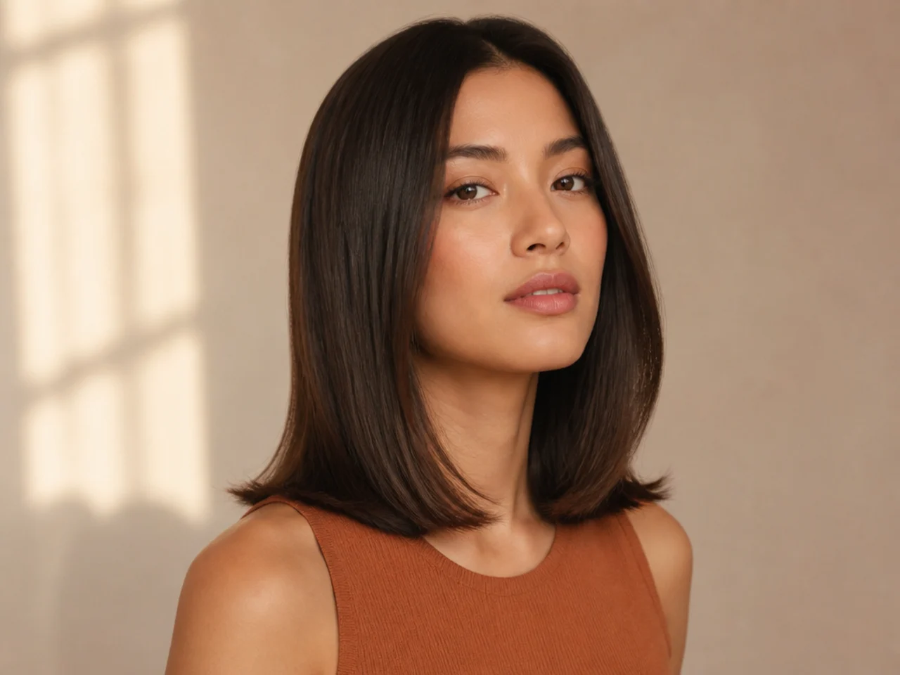 Straight hair with a soft mid-length bend