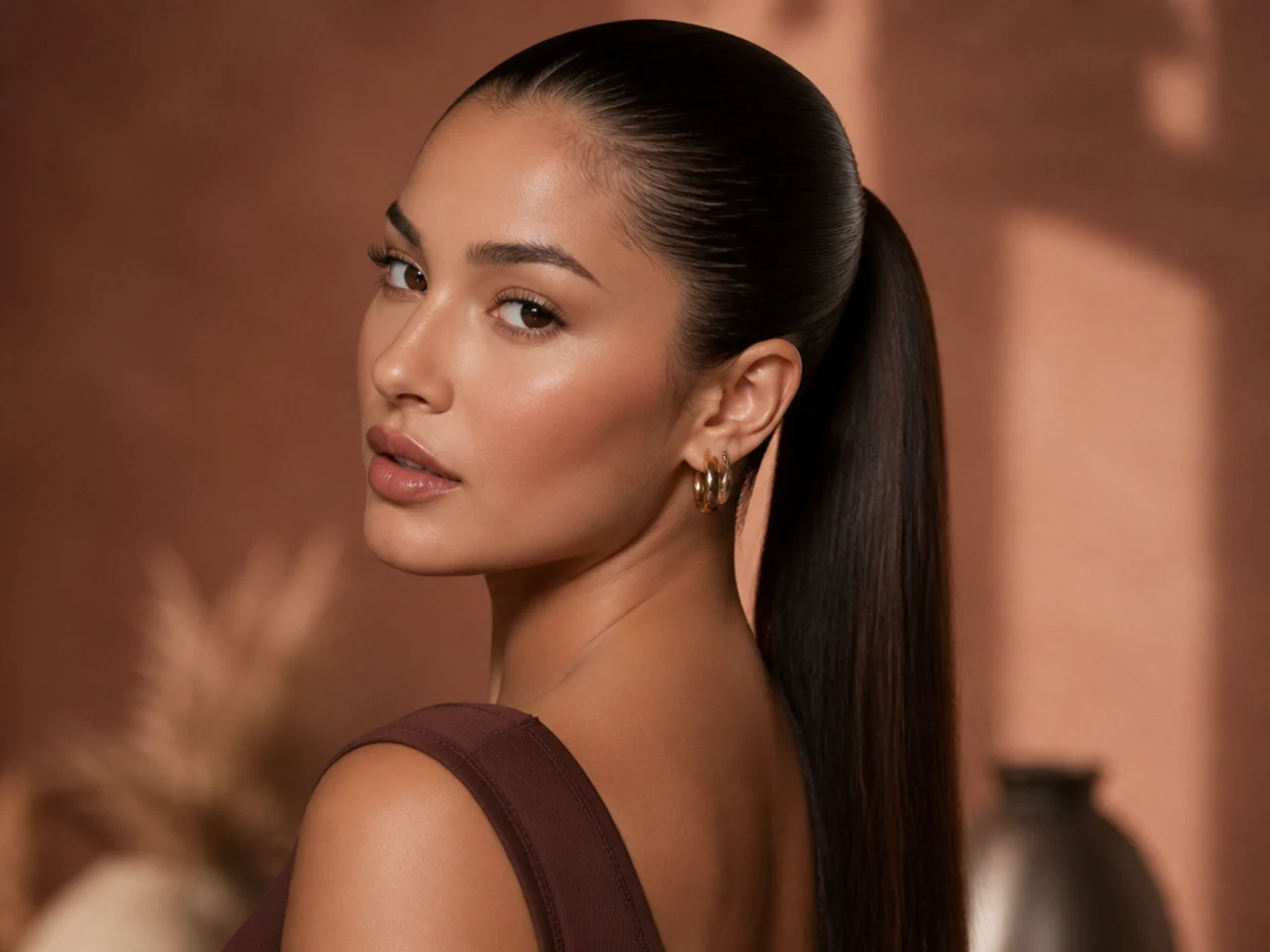 A slicked-back ponytail on straight hair