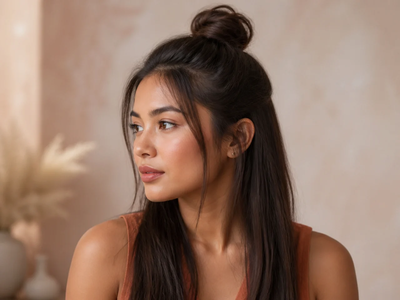 A half-up top knot on straight hair