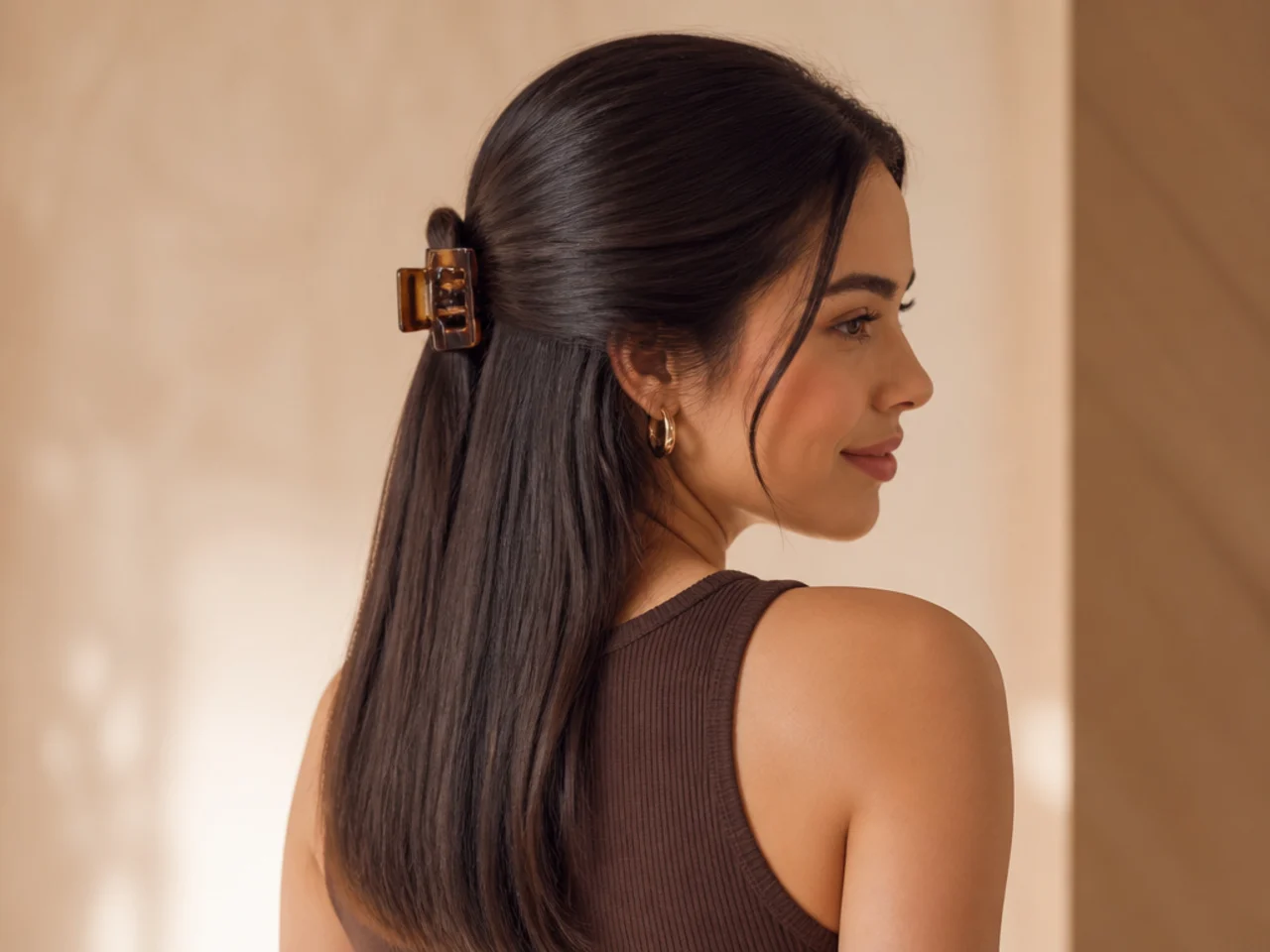 Straight hair half up with a claw clip