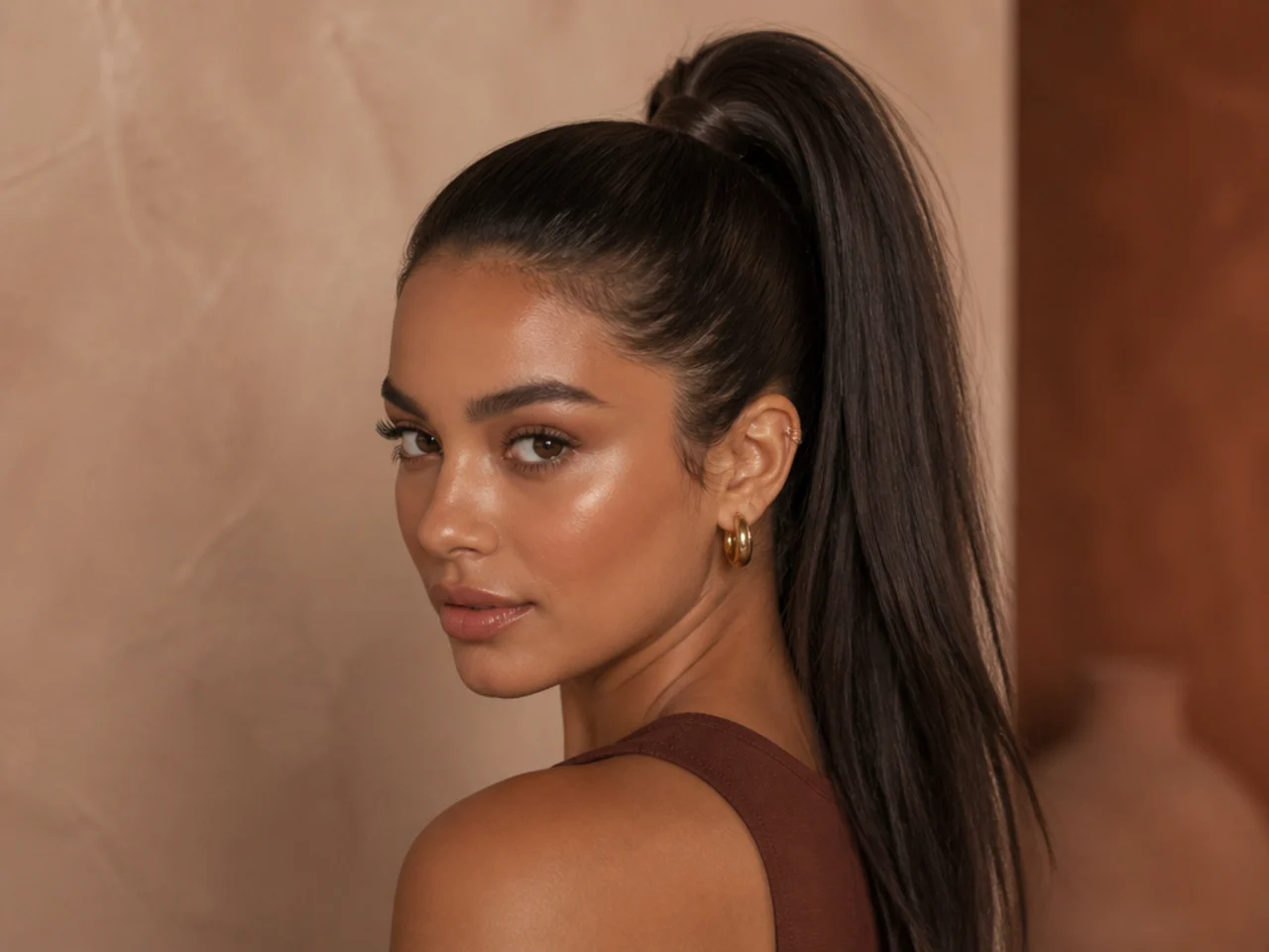 A high ponytail on straight hair