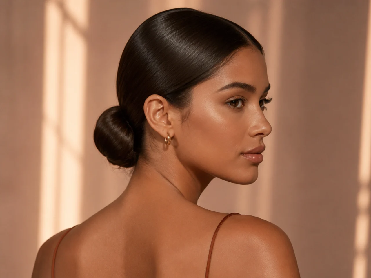 A sleek low bun on straight hair
