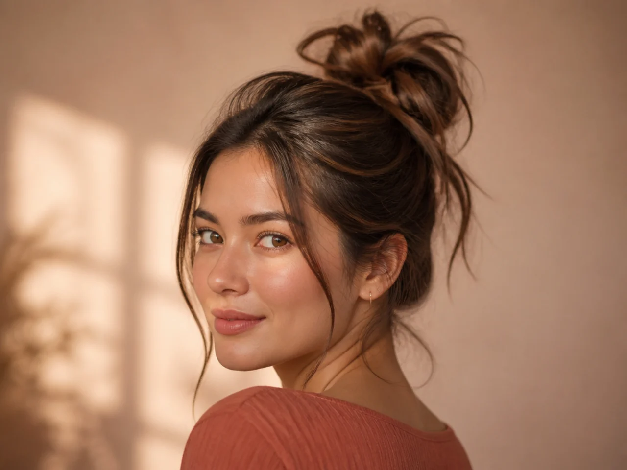 A messy bun on second-day straight hair
