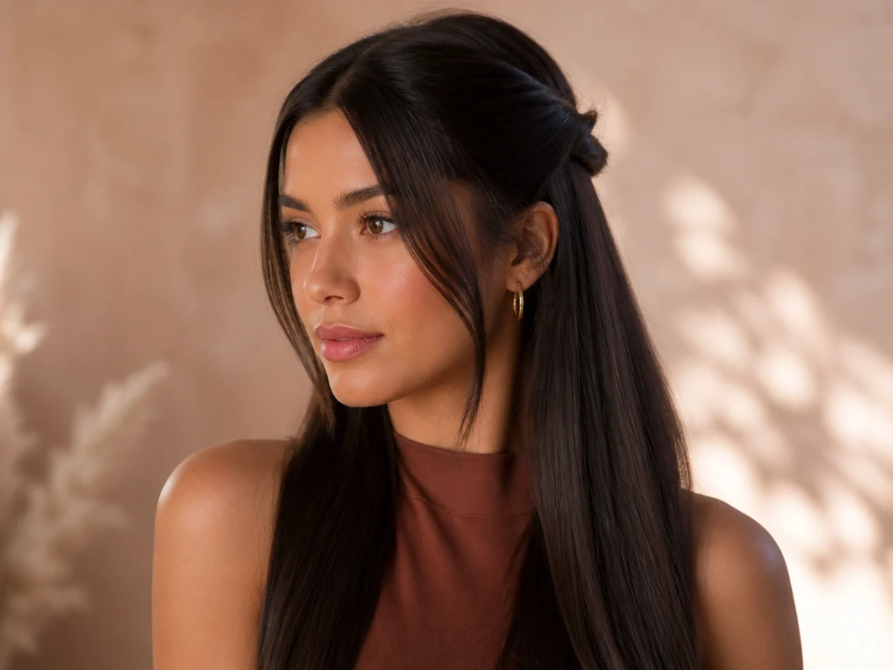 A twisted half-up on straight hair
