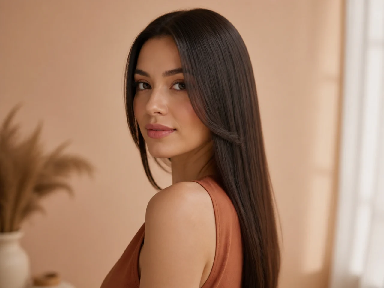 Three-quarter view of styled straight hair