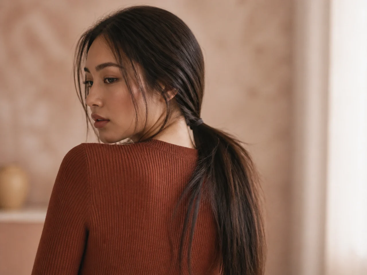 A ponytail slipping down straight hair