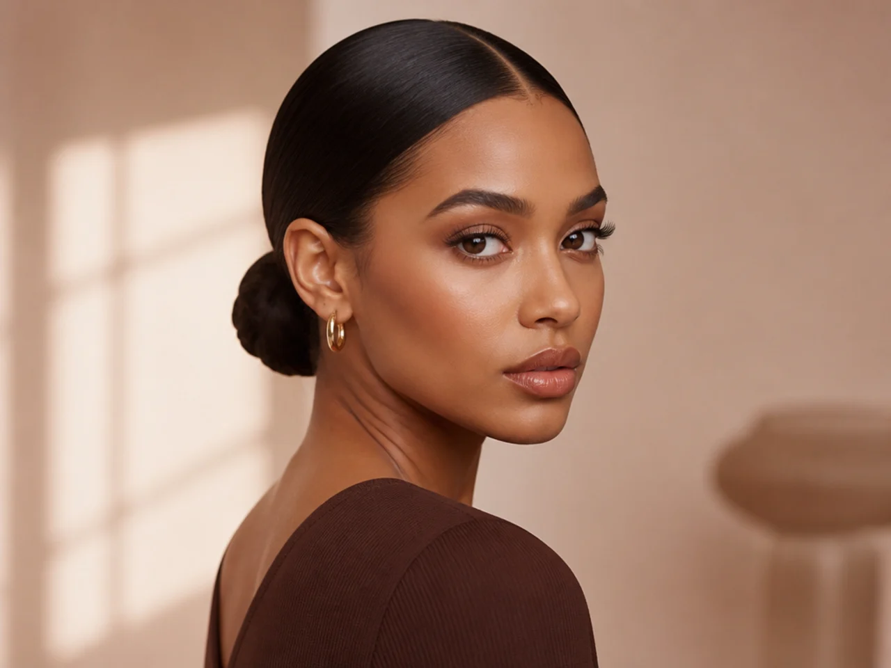 A low bun on pressed hair