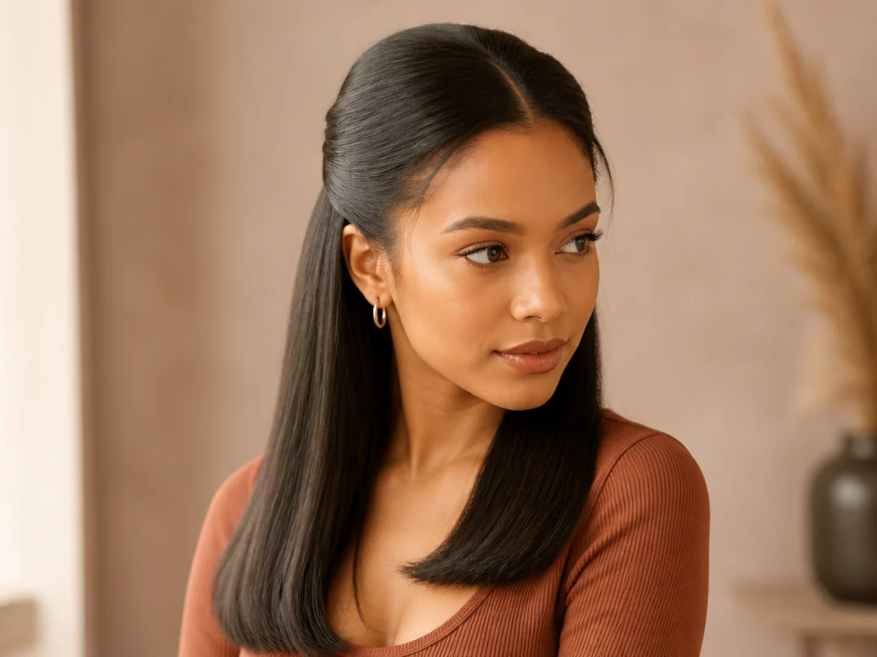 A half-up on pressed hair