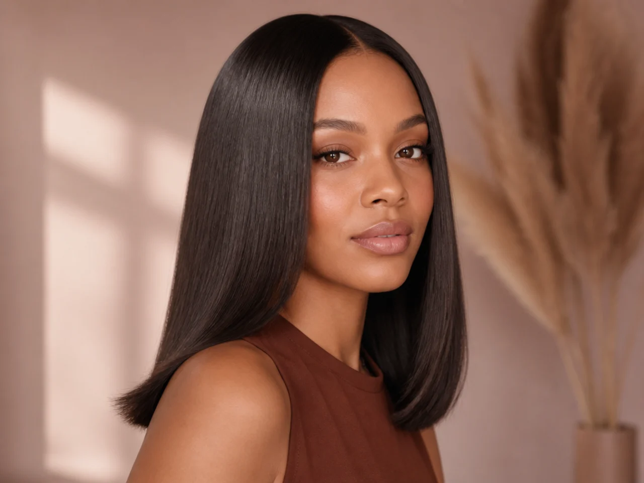 Three-quarter view of freshly pressed natural hair