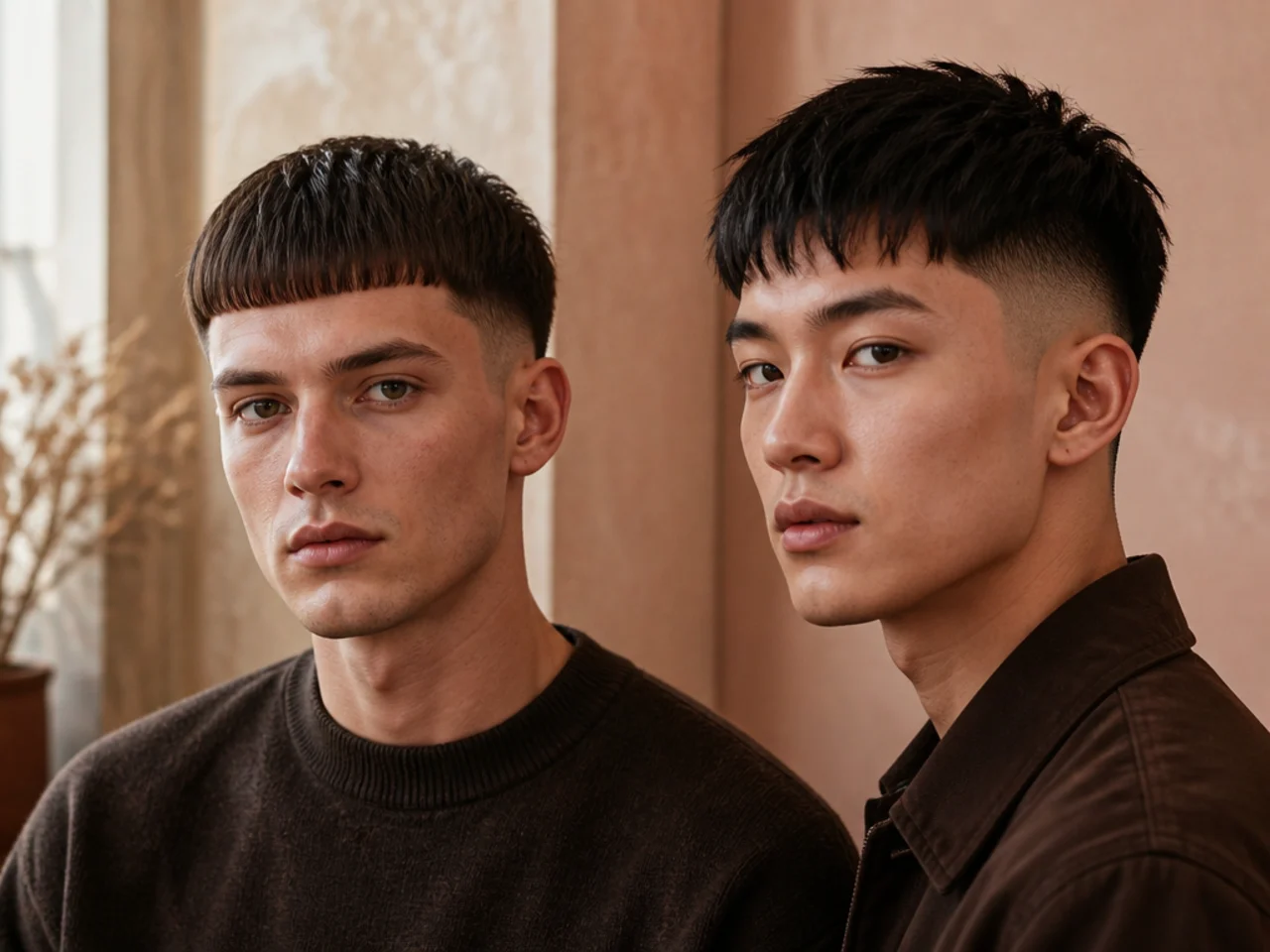 A blunt fringe beside a point-cut fringe on straight hair