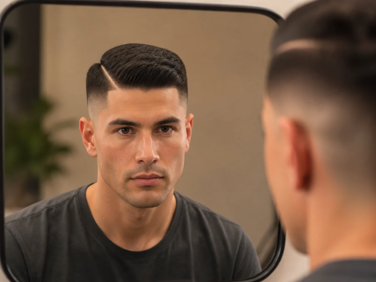Both sides of a short straight haircut compared in a mirror