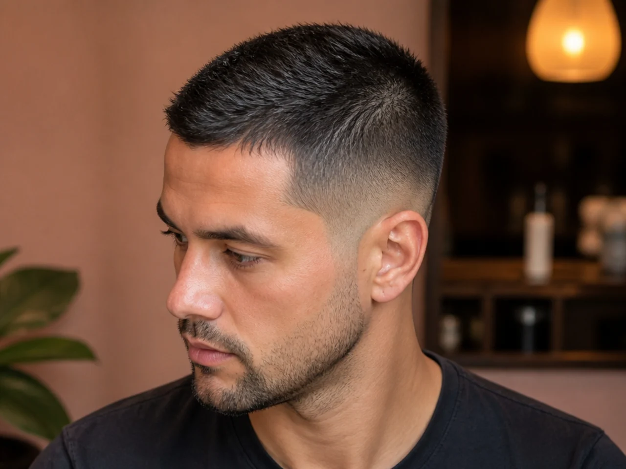 Short straight hair under overhead light