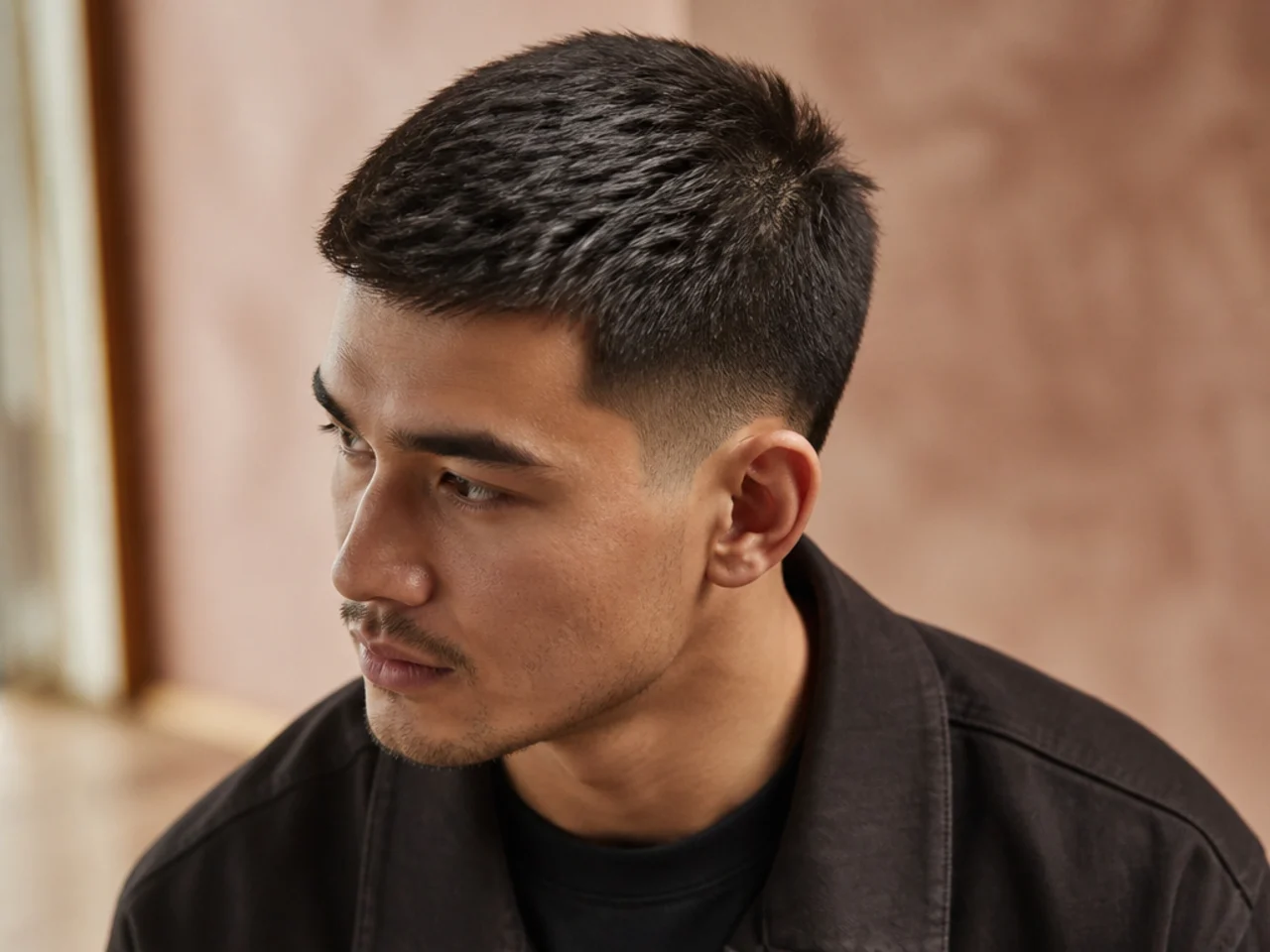 The crown whorl on short straight hair
