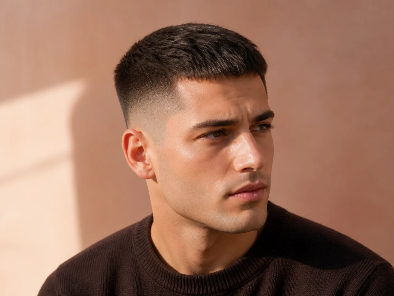 Three-quarter view of a short straight men's haircut