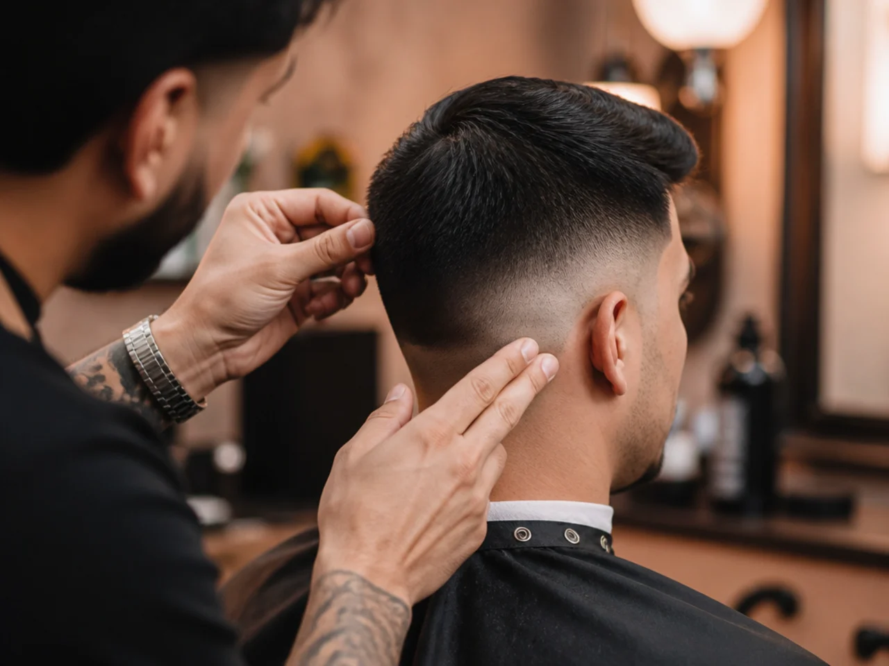 A barber cross-checking a blend on straight hair