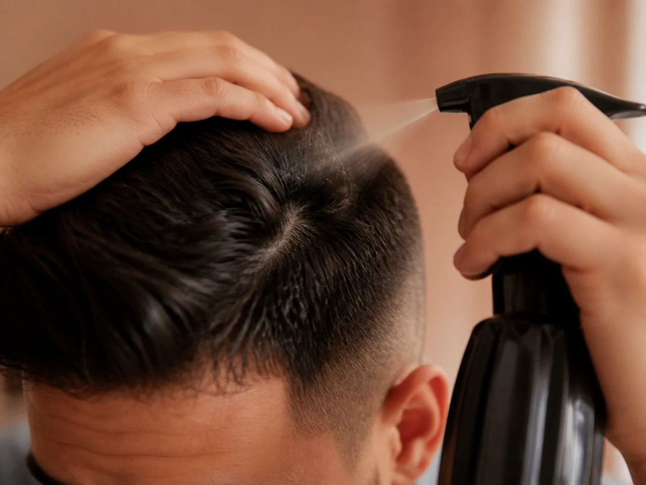 A cowlick being reset with water on straight hair