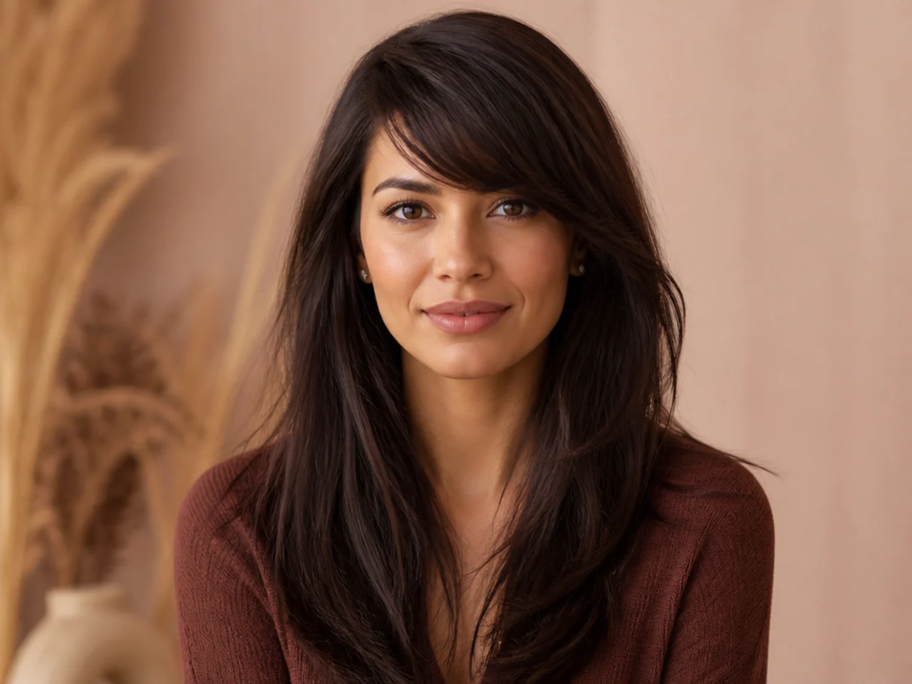Straight side swept bangs on thick hair