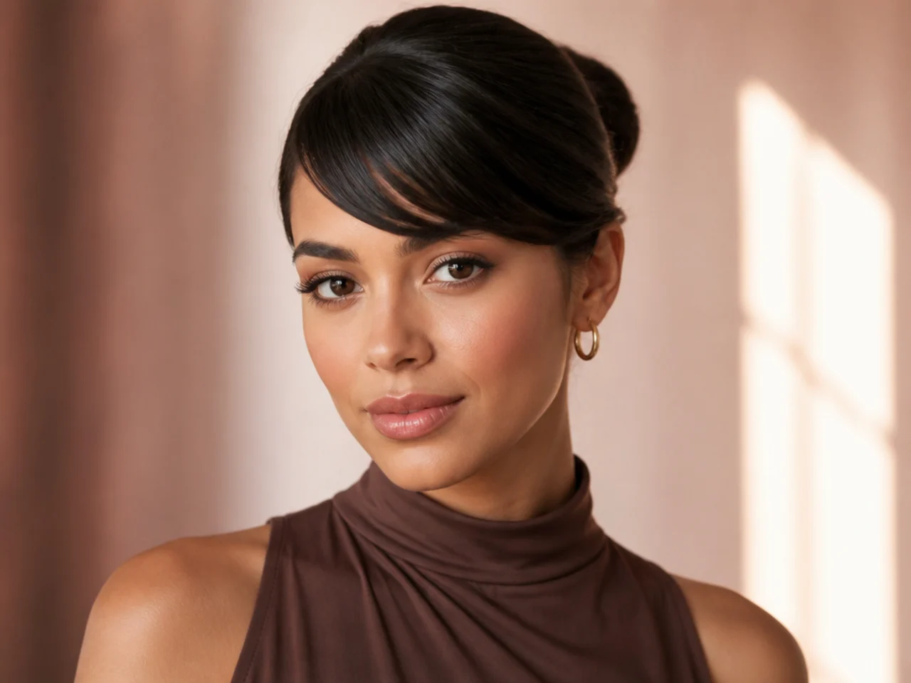Straight side swept bangs with a sleek bun