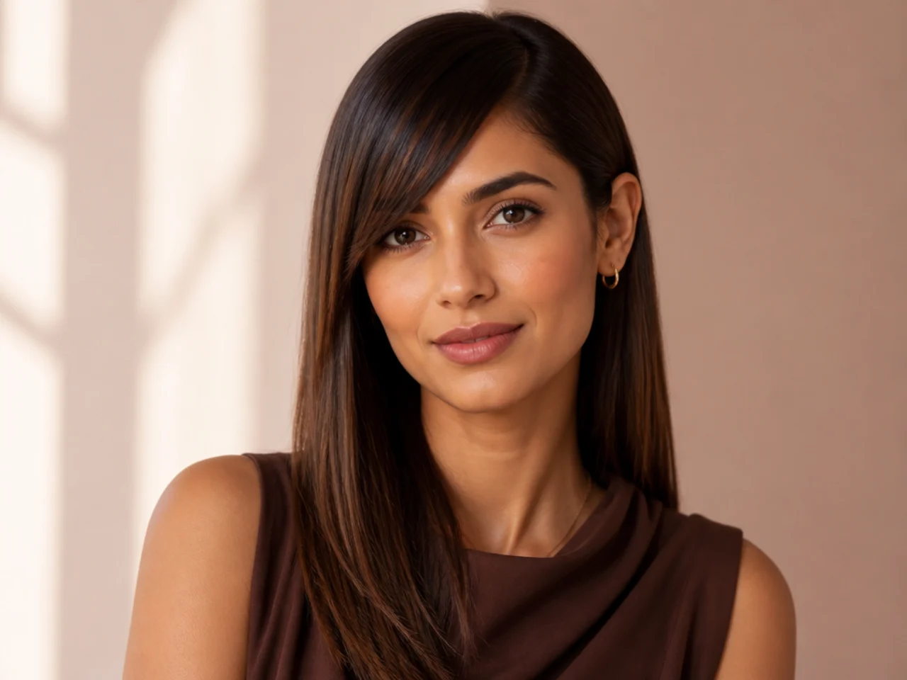 Straight side swept bangs tucked behind one ear