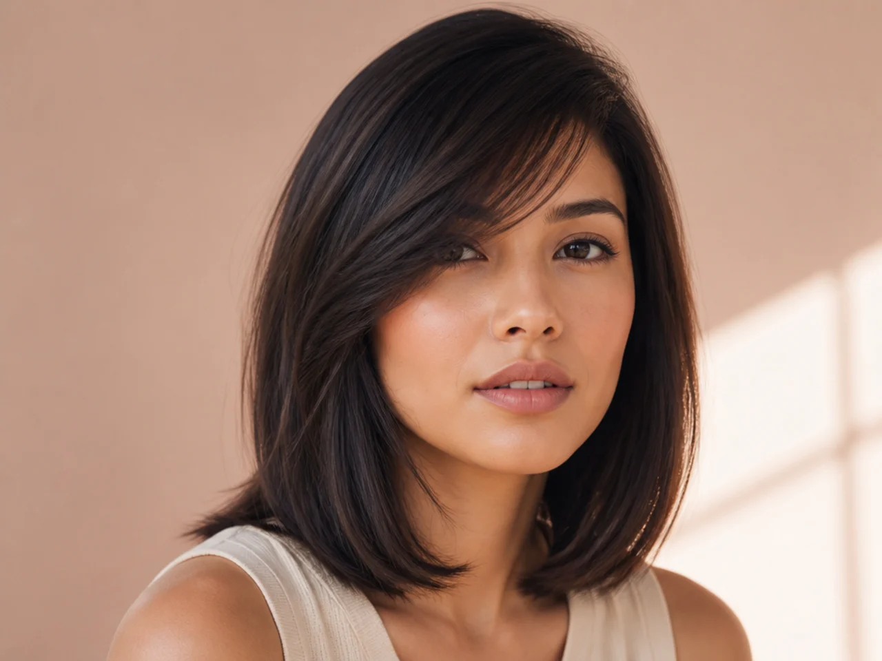 Straight side swept bangs with a long bob