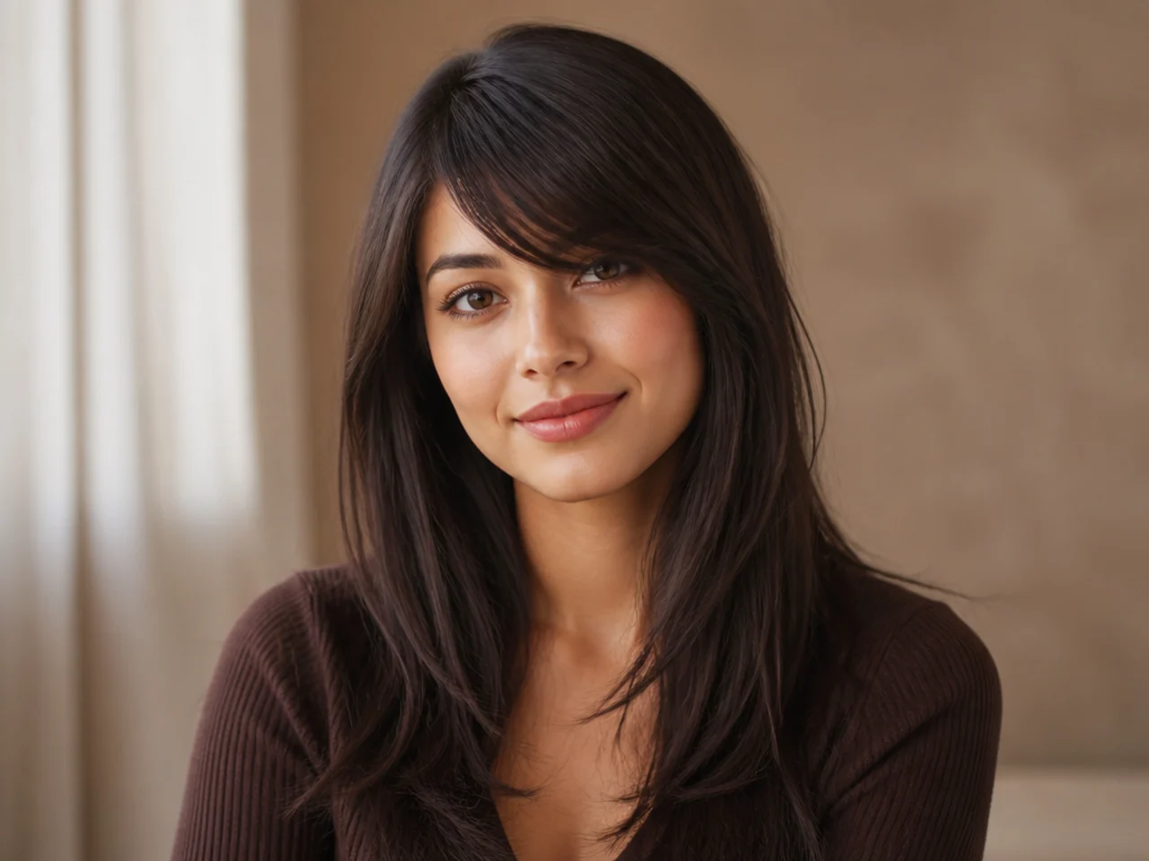 Straight side swept bangs with long layers