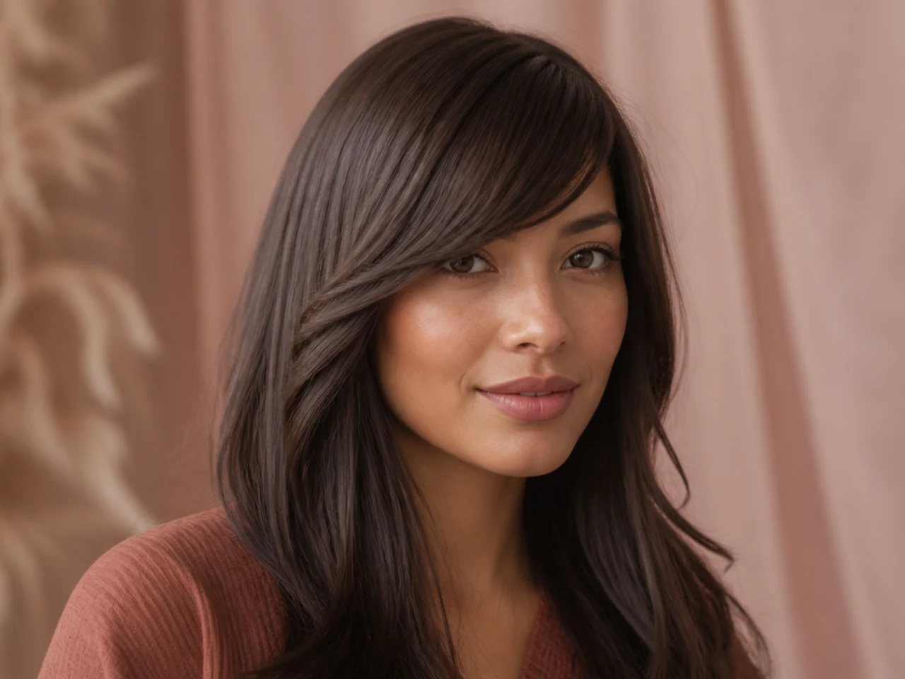 Three-quarter view of finished straight side swept bangs