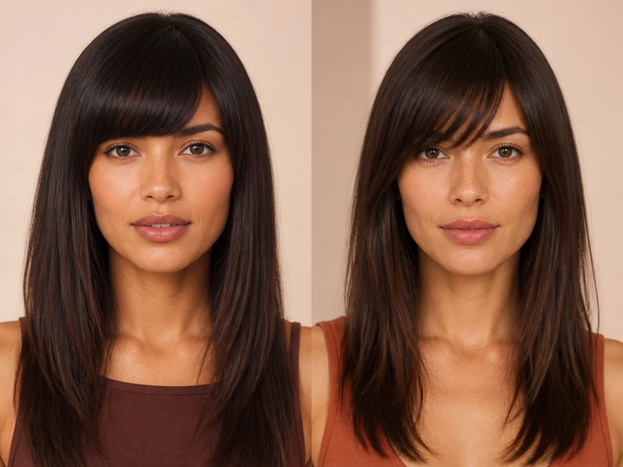 Blunt and point-cut fringe edges compared on straight hair