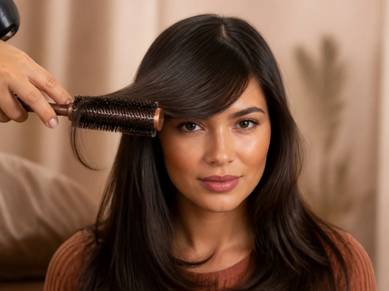 A round brush lifting and pulling a straight fringe sideways