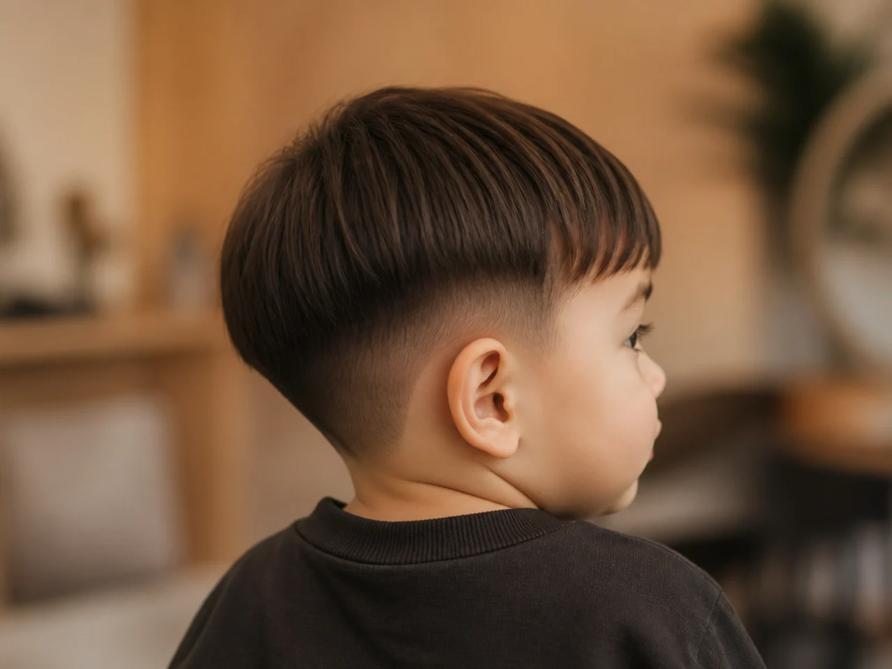A toddler with a straight fringe just above the eyebrows