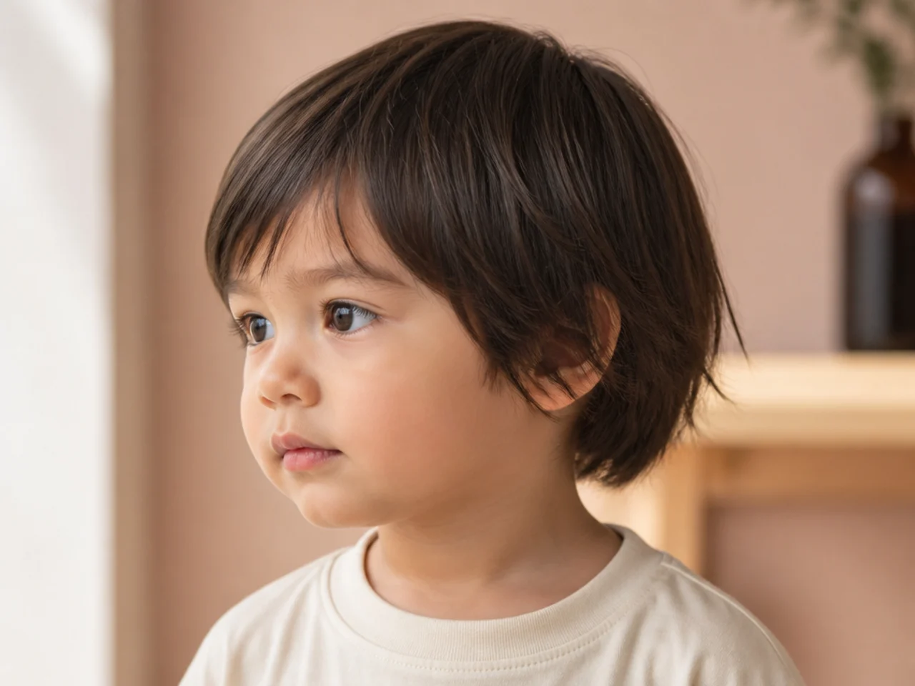A toddler with grown-out straight hair and point-cut ends