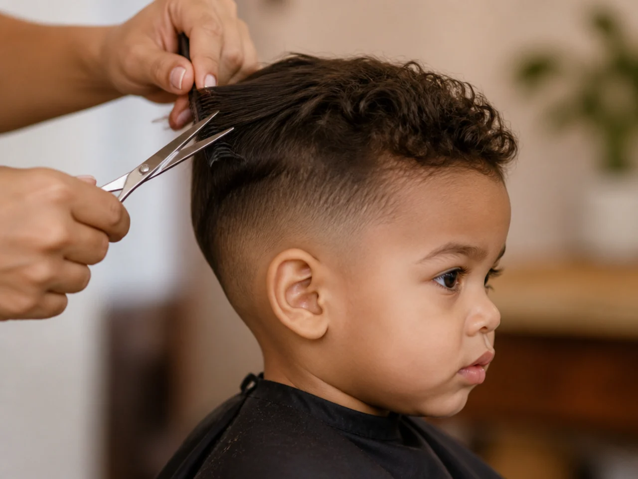 A toddler having a scissors over comb haircut