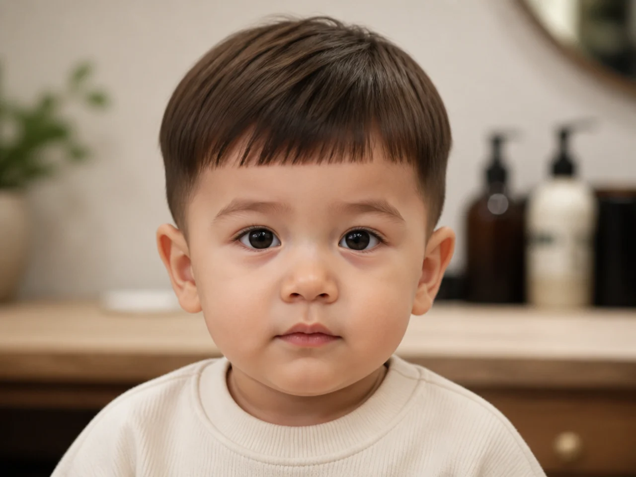 A toddler with a blunt straight fringe