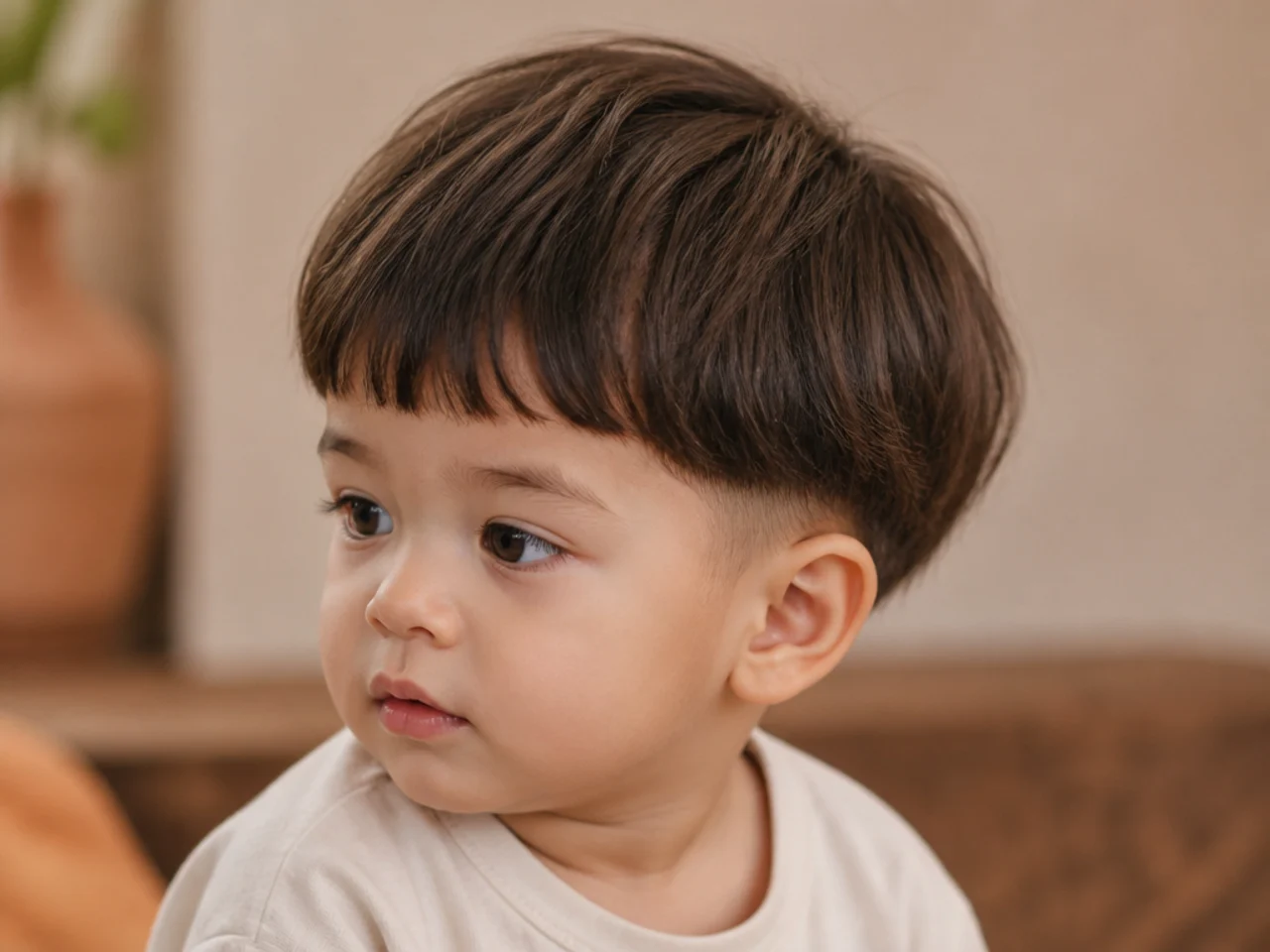 A toddler with a soft bowl cut and a point-cut edge