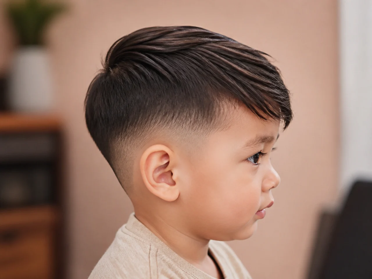 A toddler with a side-swept fringe following the cowlick