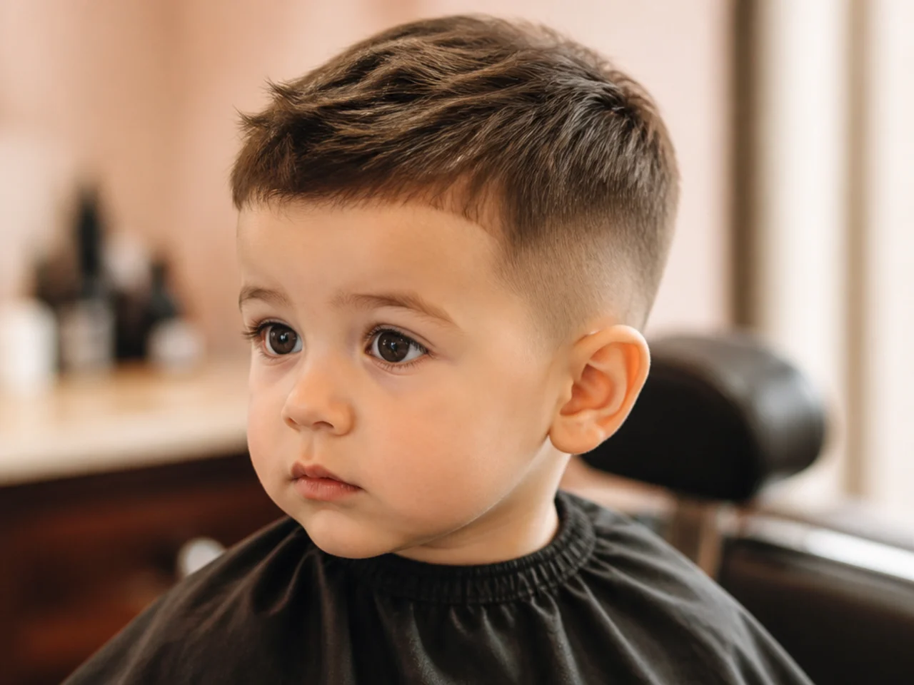 A toddler with clippered sides and a scissor-cut top