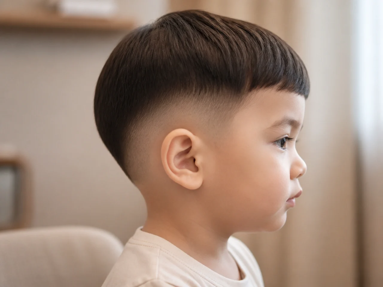 A toddler with straight hair cut to a blunt line at the earlobe