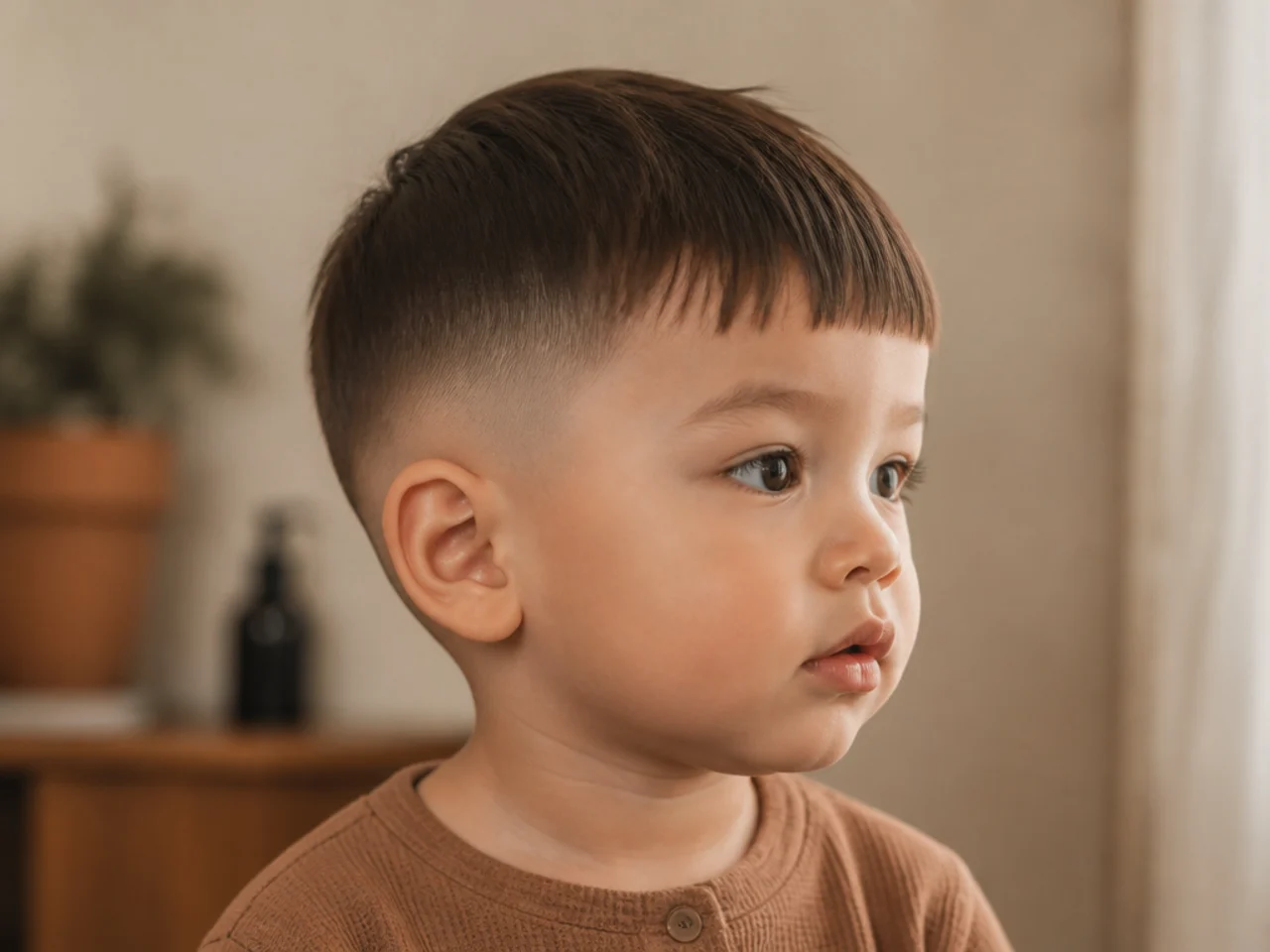 Side view of a toddler with fine straight hair and a blunt fringe