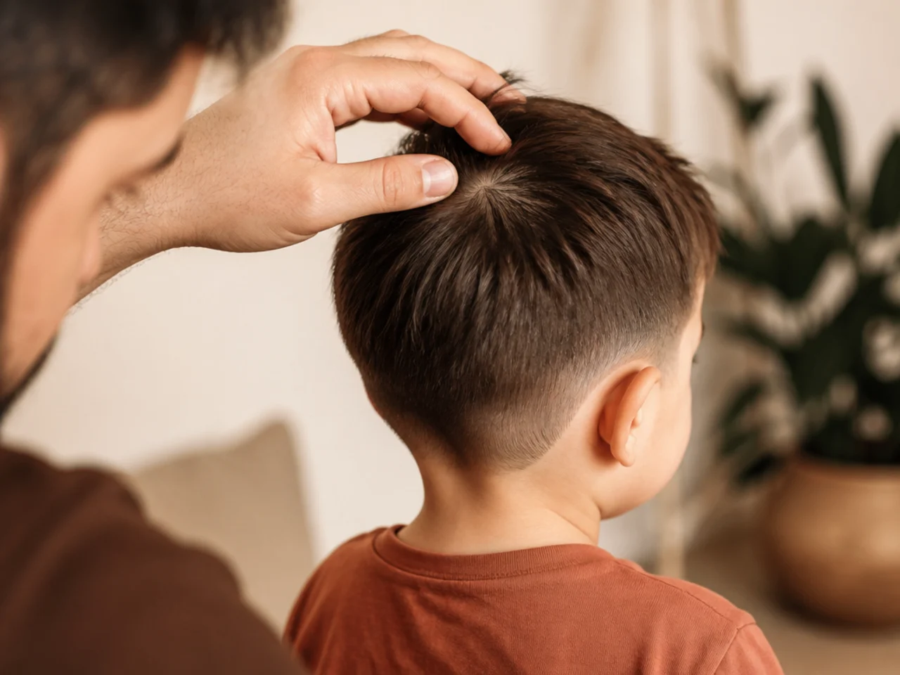 A parent checking a toddler's cowlick before cutting