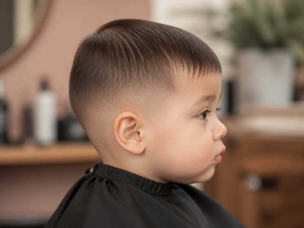 Fine straight toddler hair combed flat before a trim