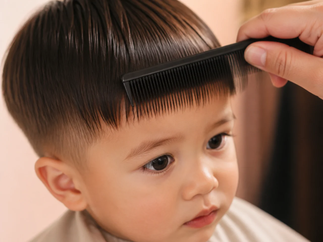 A toddler's straight fringe being combed flat