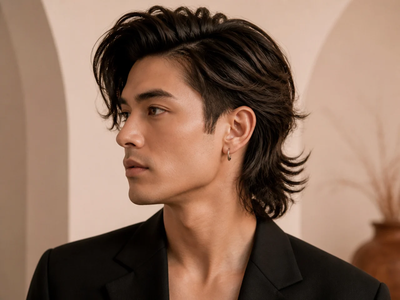 Side-swept runway mullet on a young man with an asymmetric fringe swept dramatically off the forehead and a layered mullet back