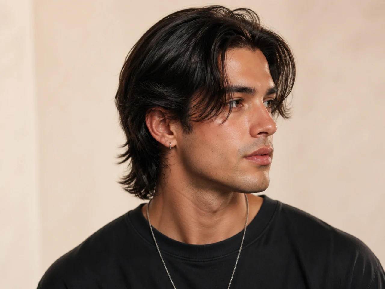 Middle-part cinematic mullet on a young man with a straight center part and four-inch panels framing the face over a shag back