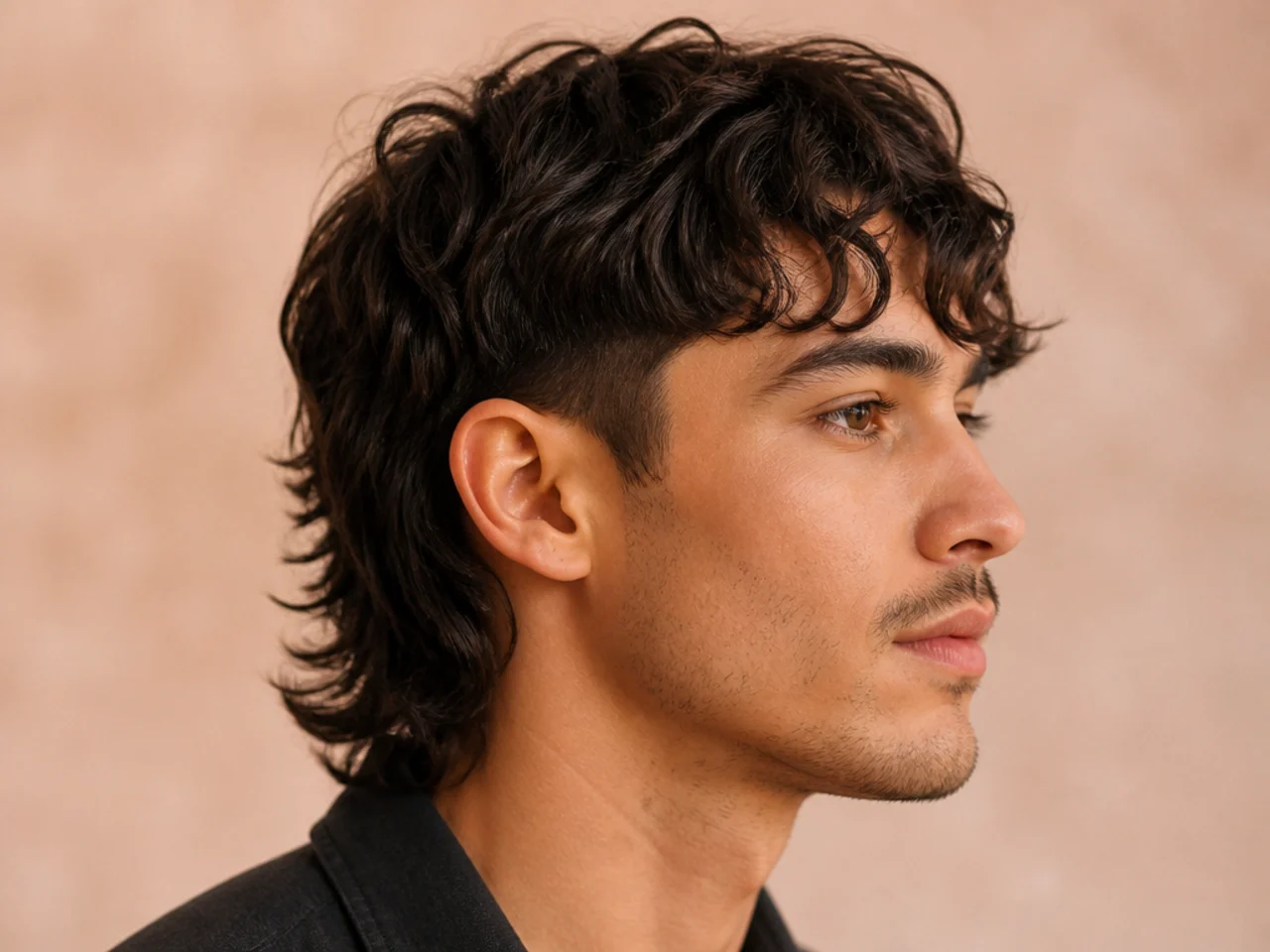 Comma-fringe mullet on a young man with a curled comma hook at the front and a soft-layered mullet back at the collar